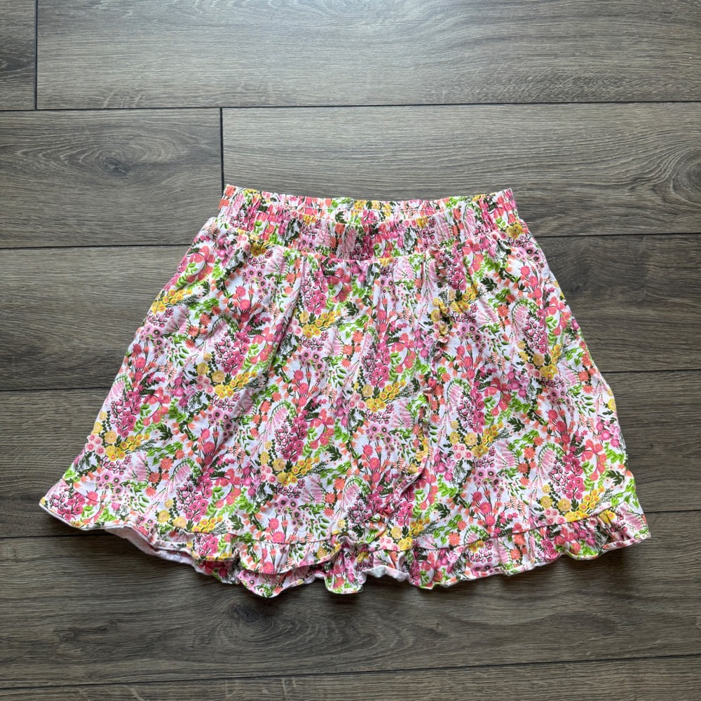 Floral Ruffle Skort Pink Yellow Cotton Elastic Waist Shorts Skirt XXL 11-12Y